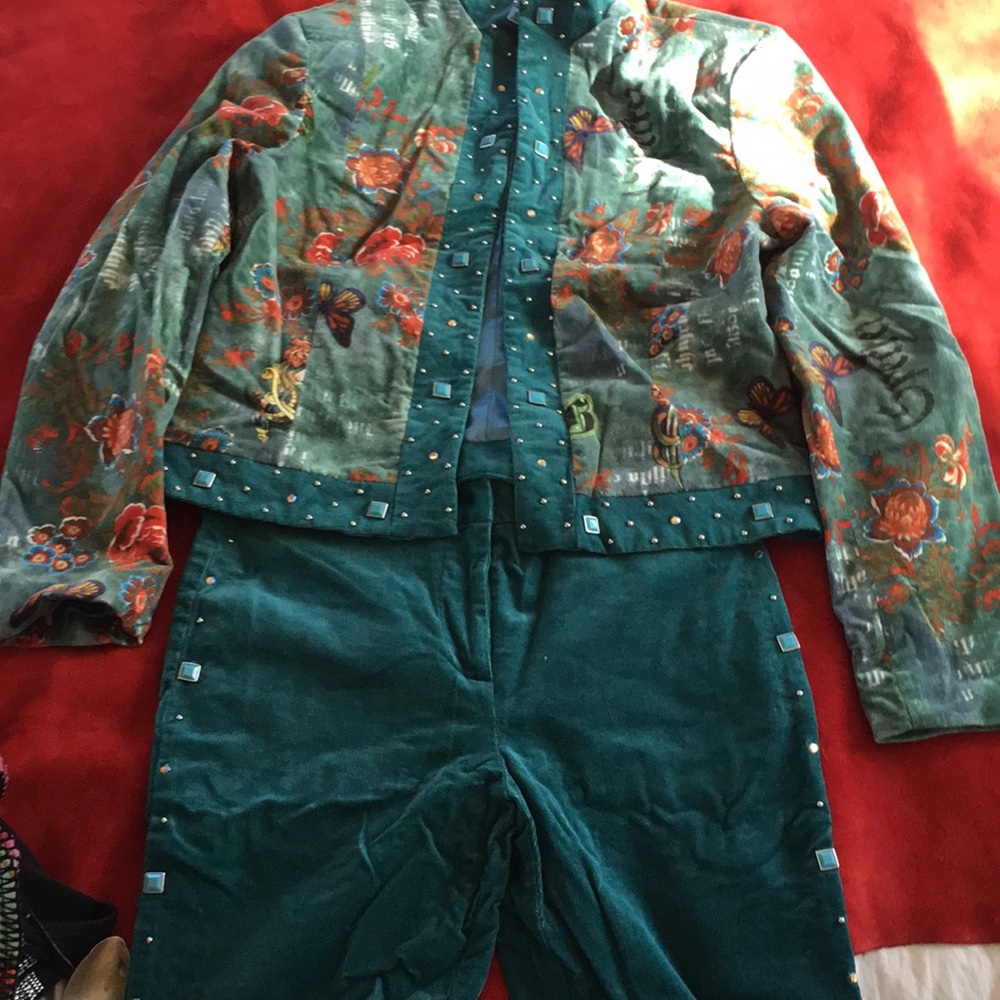Teal Embroidered Floral Jacket and Coordinated Pants Set